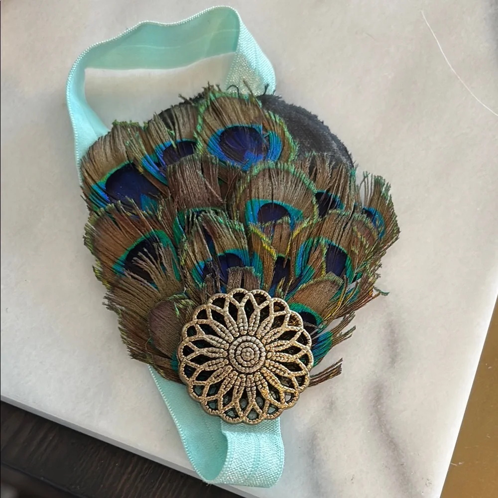 Brown and Green Hair Accessory with Peacock Feathers